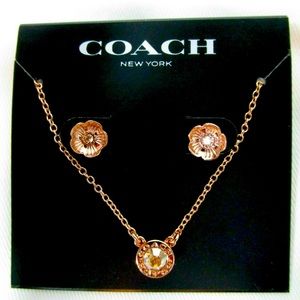 COACH Open Circle Necklace Tea Rose Stud Set Jewelry NWT
